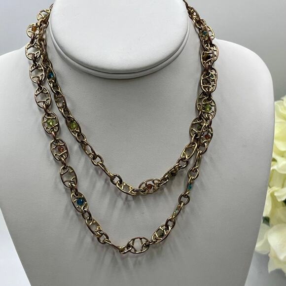 Gas Bijoux Alegria Chain Link Necklace with semi-precious stones 
24k Gold Plate - Picture 1 of 9